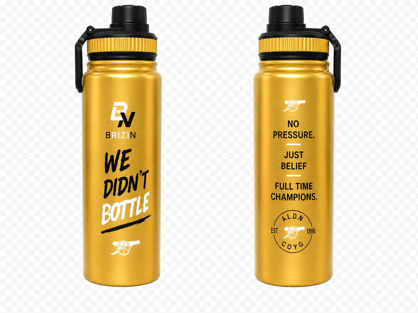 Gold BRIZIN champion flask, front and back view