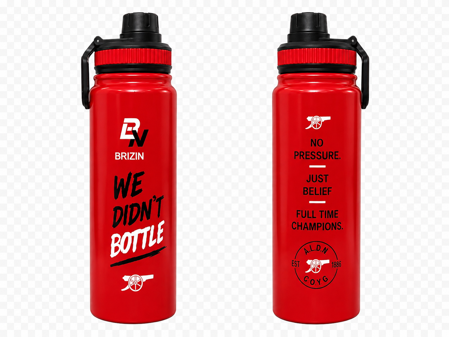 Red BRIZIN signature flask, front and back view